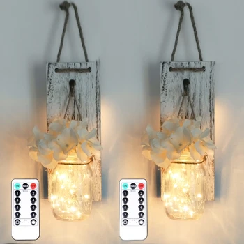 

2pcs Ins Hot Wall Light Mason Jar Upgrade Remote Control Function Fairy Lights & Flowers Waterproof DIY Home Wedding Wall Decor