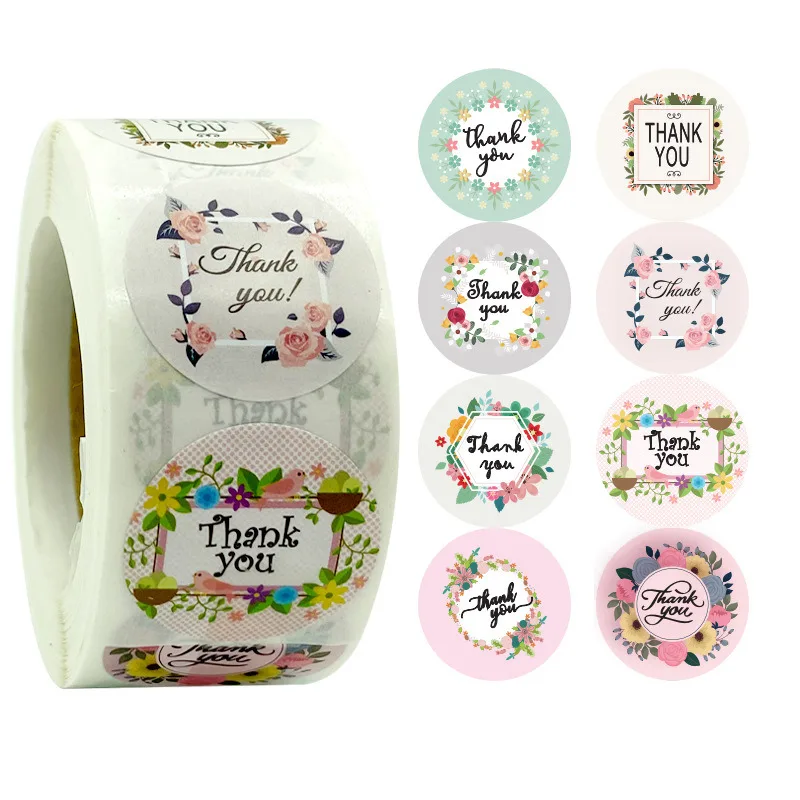 1 Roll(500Pcs) Flowers Thank You Sticker Paper Labels Round Reward  scrapbooking Stickers Envelope Seals Stickers Stationery