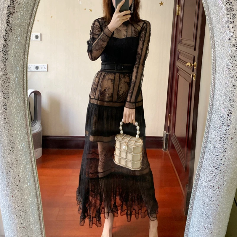 Зимнее женское платье Элегантное кружевное платье длинное женское Макси-платье Черное вечернее платье с длинным рукавом высокое качество дизайнерское платье для подиума
