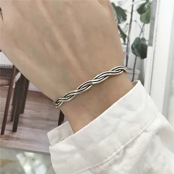 

RUIYI Real 925 Sterling Silver Women Vintage Distressed Retro Cuff Bangles Female Weaving Rope Twisting Open Bangles Bracelets