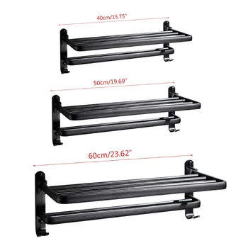 

New Space Aluminum Black Towel Rack Wall Mounted Folding Towel Holder Storage Shelf with Hook Bathroom Shower Room Accessories