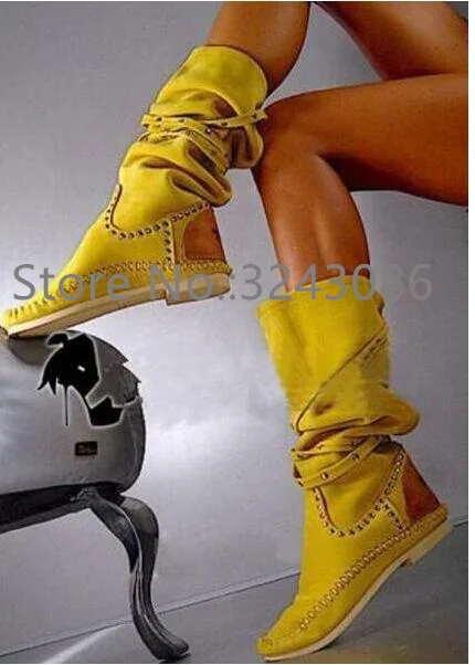 

New Yellow Color Rivets Flat Long Boots Woman Fashion Spikes Near the Knee Casual Boots Sexy Female Banquet Shoes Dropship