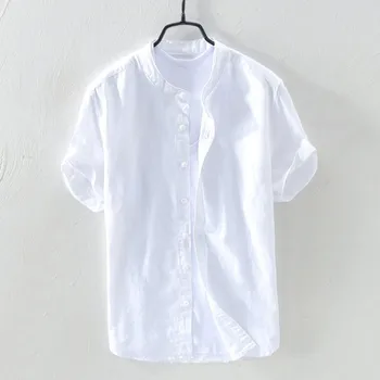

2020 summer new thin section fresh breathable short sleeve solid color linen shirt men's beach casual sunscreen cotton shirt