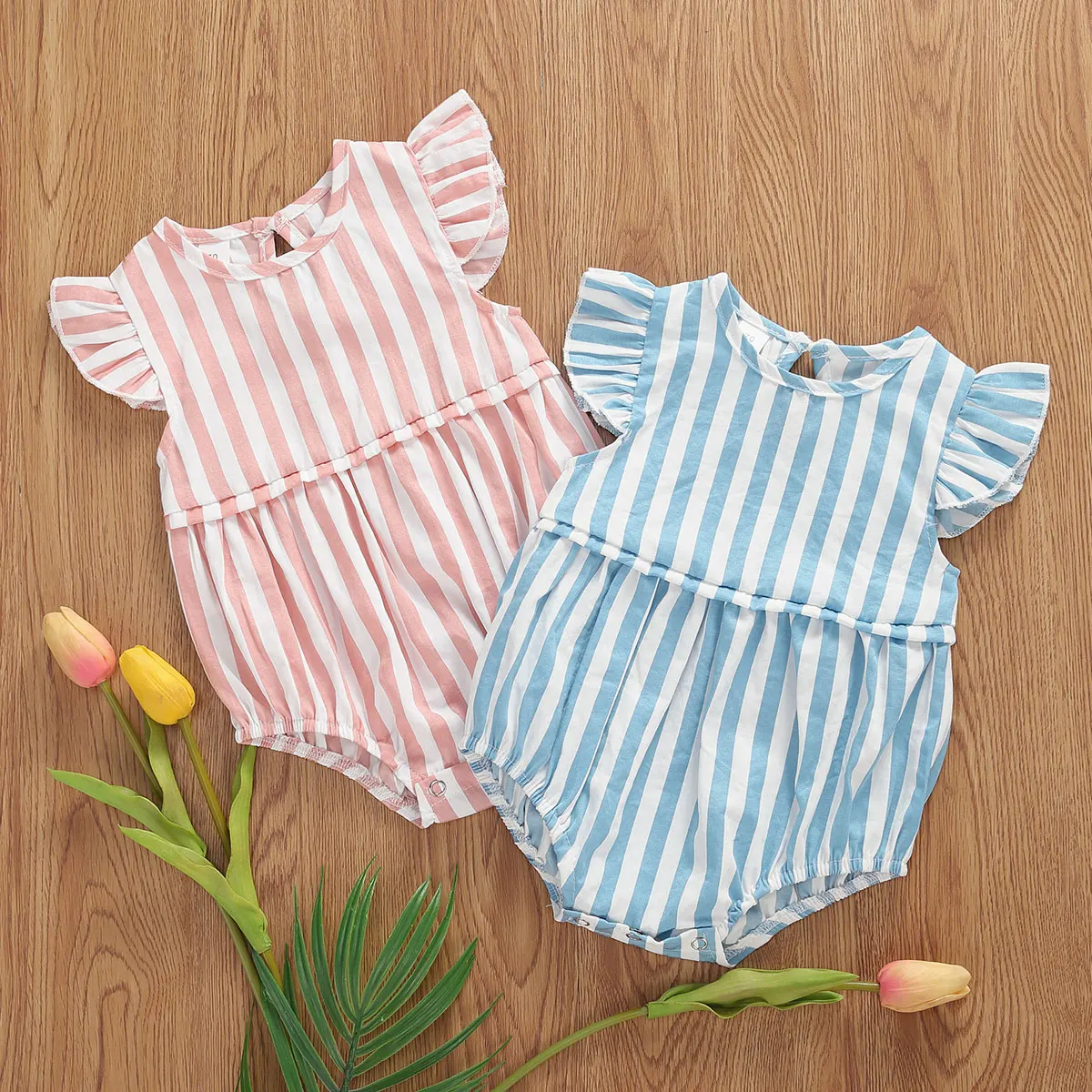 

0-18M Newborn Baby Girls Romper Striped Round Neck Flounced Print Ruffles Short Sleeve Lovely Bodysuit Jumpsuit