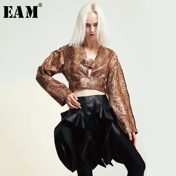 

[EAM] Women Snake Pattern Hollow Out Blouse New V-collar Long Sleeve Loose Fit Shirt Fashion Tide Spring Autumn 2020 JX599
