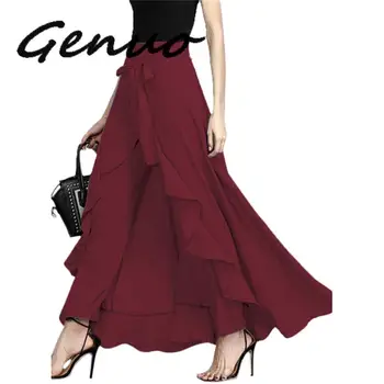 

Genuo 2019 New Bow Tie Ruffle Maxi Trousers Skirt Fashion High Waist Asymmetrical Pantskirt High Quality Women Divided Skirts