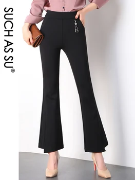 

Knit Flare Pants Women 2019 Fall Winter Black Irregular Elastic High Waist Patchwork Pants M-3XL Size Office Lady Bell Bottoms