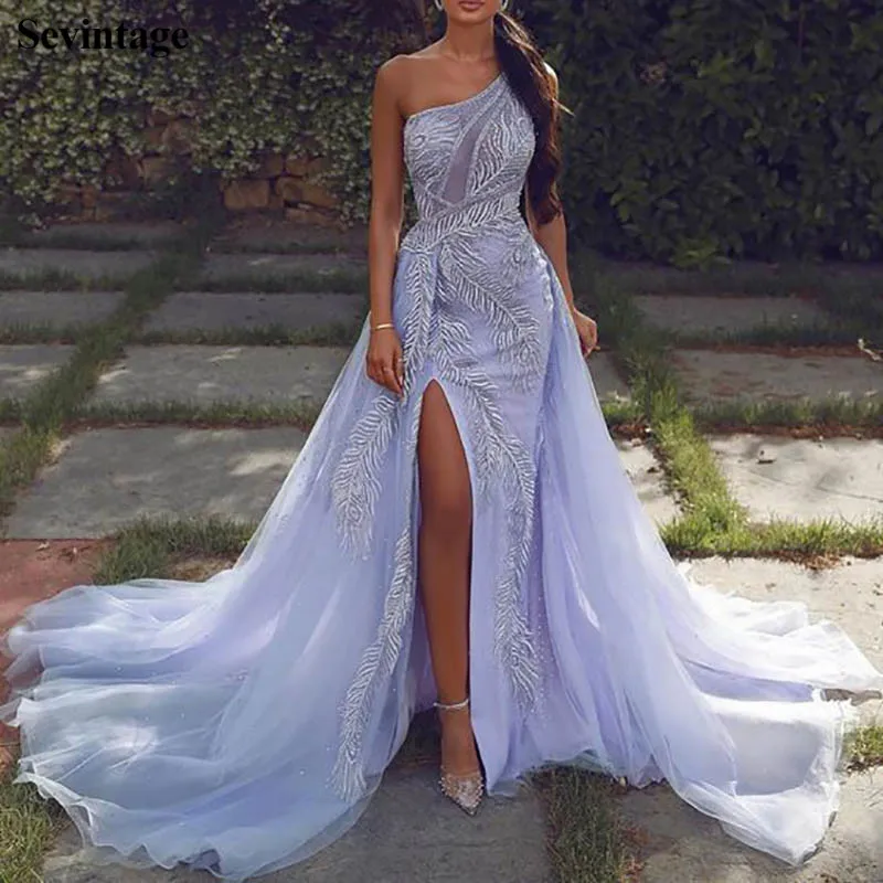 

Sevintage Sexy Mermaid One Shoulder Evening Dresses Lace Beaded SplitLong Prom Gowns with Removable Tail Customize Abendkleider
