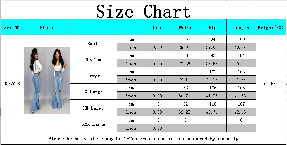Women Suspender Trousers Hot Sale 5 Size Light Blue Casual Flare Pants Fashion Hole Full Length Boot cut Pants HSF2093G