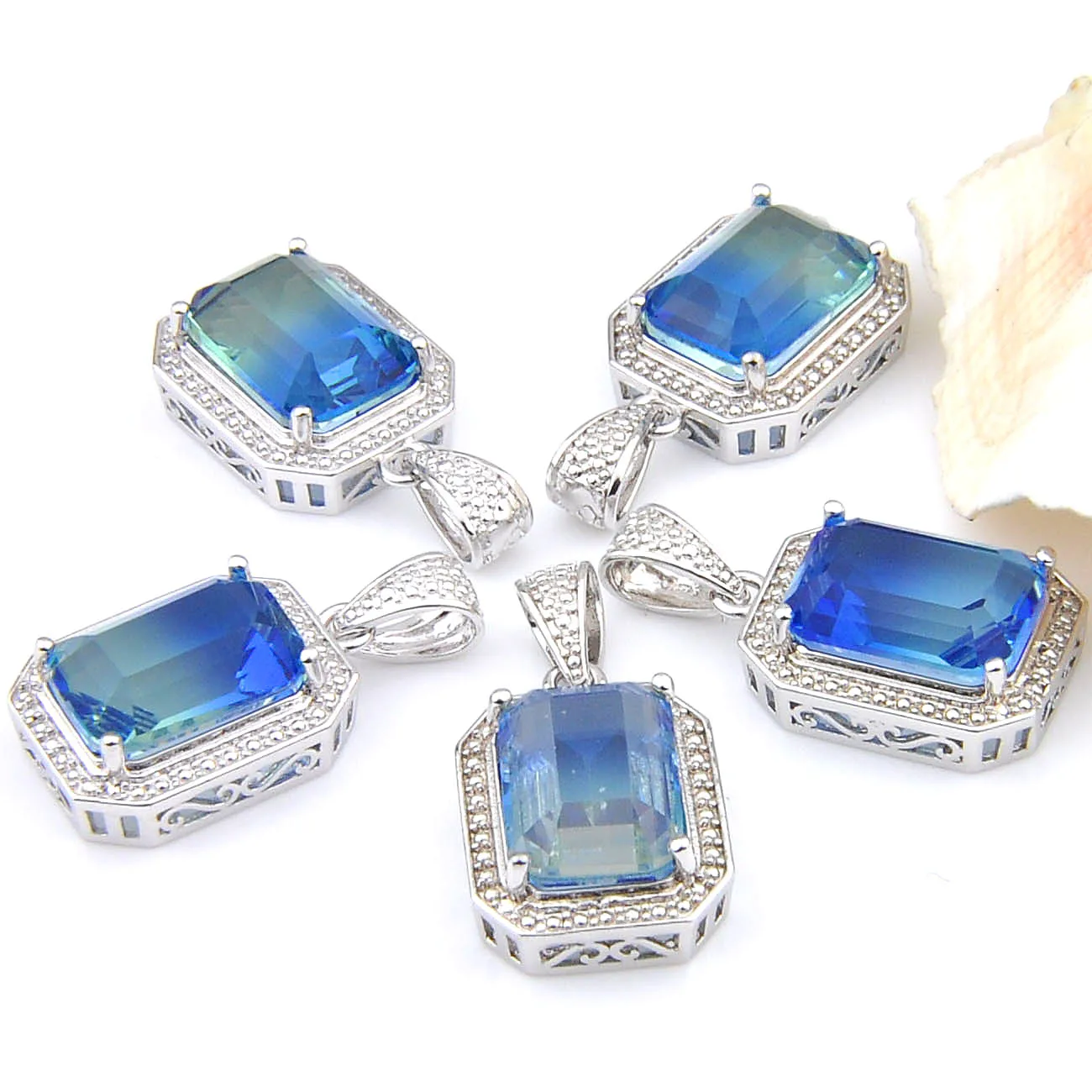 MIX 5 PCS Xmas Gifts Big Offer Shine Square Blue Bi-Colored Tourmaline Silver Necklaces Pendants for Holiday Party Gifts