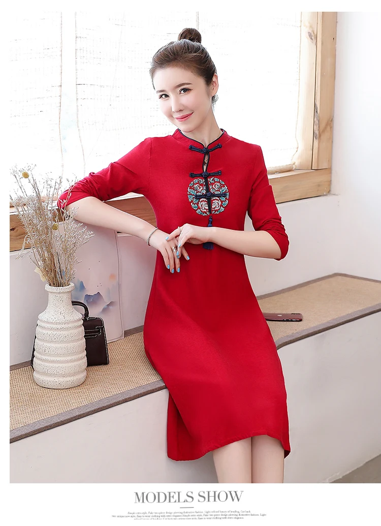 Хлопок и лен вышитые модифицированные Cheongsam шик кисточкой элегантные женские CNY традиционные платья трапециевидной формы Qipao Платье женское