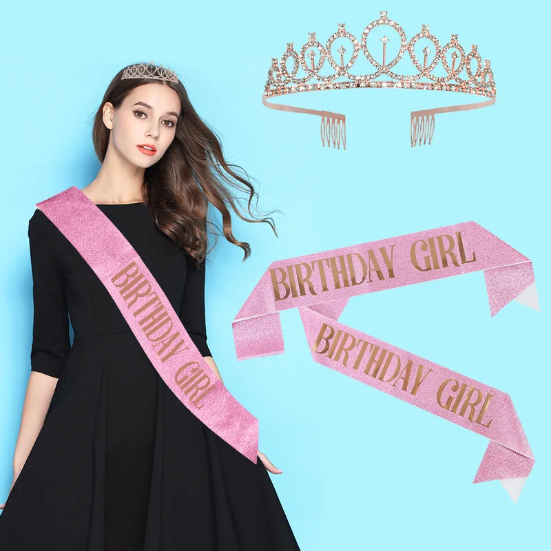 Gold Silver Glitter Birthday Sash Rhinestone Tiara 18th Crystal Crown Birthday Queen Satin Ribbon Sash For Birthday Party Decor