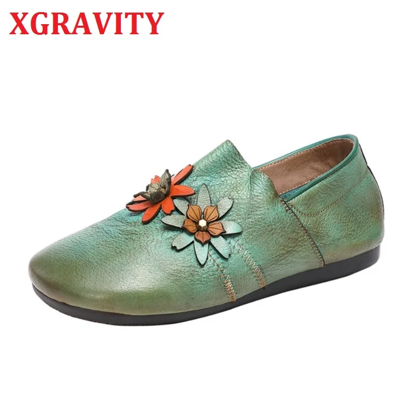 

XGRAVITY 2021 New Spring Summer Cow Genuine Leather Shoes Solf Comfortable Ladies Ethnic Flat Shoes Female Flower Shoes C033