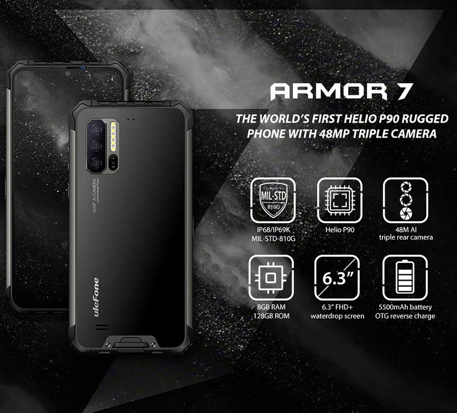 Ulefone Power 7 6,3 ''IP68 прочный Helio P90 Octa Core 8 ГБ+ 128 ГБ Android 9,0 48MP 4G глобальная версия 5 V/3A NFC мобильного телефона