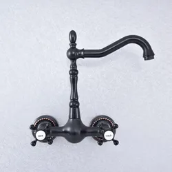 Kitchen Wet Bar Bathroom Vessel Sink Faucet Black Oil Rubbed Brass Wall Mounted Swivel Spout Mixer Tap Dual Cross Handles msf723