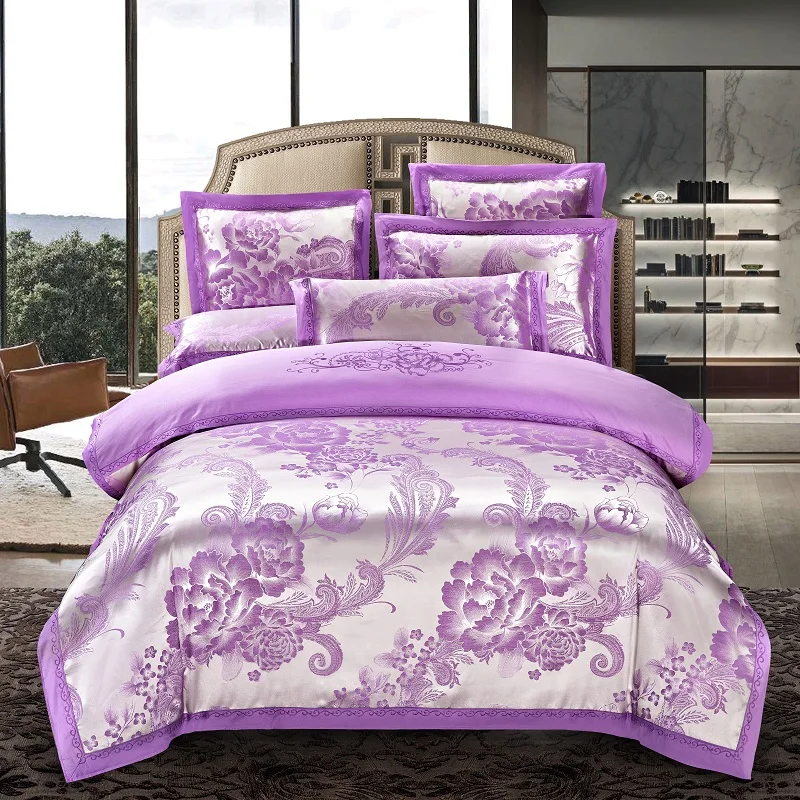 KELUO Luxury Wedding jacquard mulberry silk bedding 100%cotton Embroideredincluding duvet cover bed sheet pillowcase Violet A010 - Цвет: TY01