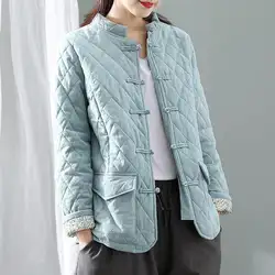 Хлопковая льняная блузка, зимняя одежда, винтажное свободное теплое клетчатое хлопковое пальто, женская китайская Толстая куртка с