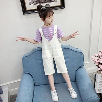 

Kids Girl Jumpsuits 100% Cotton Children's White Suspender Shorts Pant Pocket Overalls Toddler Girls Summer Clothing 10 12 Years