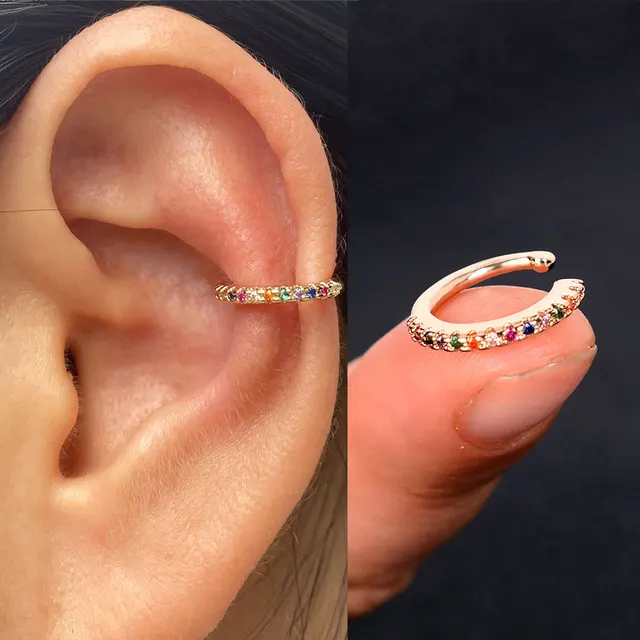 Boucles d'oreilles à Clip pour femmes et filles, 1 pièce, géométrie creuse arc-en-ciel, CZ, manchette, grimpeur, Cartilage, os, faux boucle d'oreille, Non Piercing