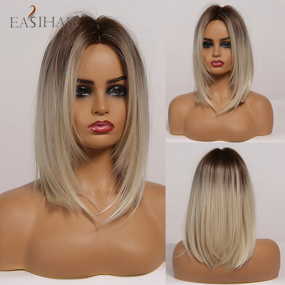 Straight Wig Bobo-Hairstyle Brown Cosplay Ombre Blonde EASIHAIR Long Medium Women Heat-Resistant