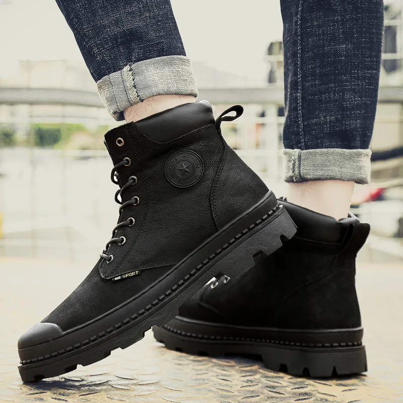 

Martin Boots Men's Hight-top British-Style Short Boots Winter Genuine Leather Mid-top Boots Snowfield Work Shoes Leather Boot Bl