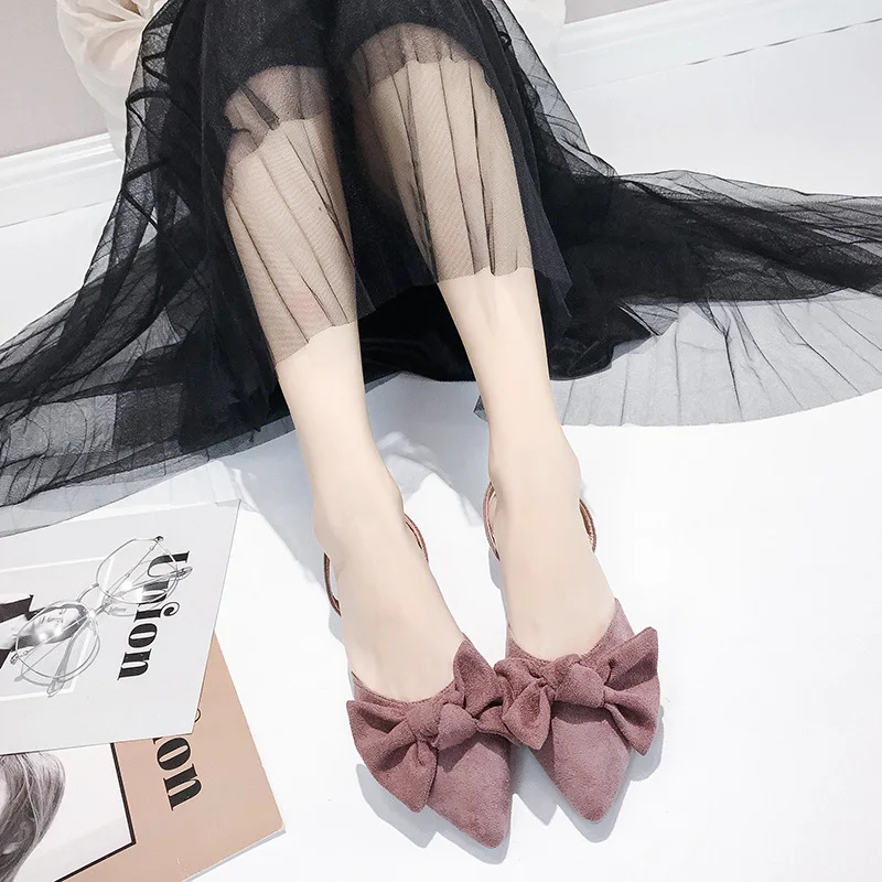 

2019 Spring New Style Pointed-Toe Low Heel Low-Cut Straight Line Buckle Bow Square Heel Shoes Women's