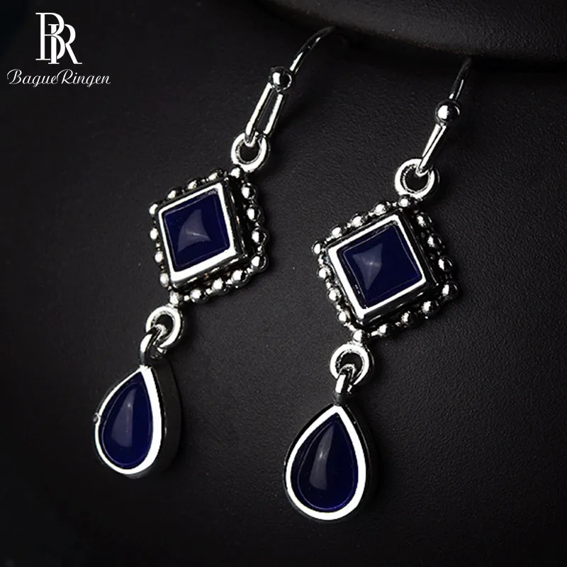 Женские Геометрические серьги Bague Ringen серебро 925 пробы квадратные сапфировые длинная водяная капля в форме