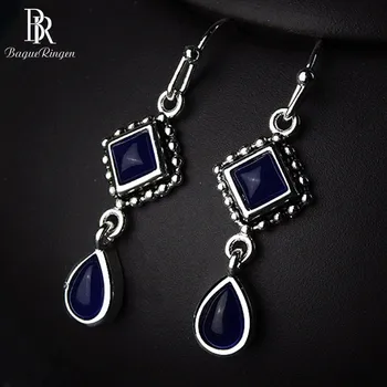 

Bague Ringen Geometry Silver 925 Jewelry Square Sapphire Earrings for Women Long Water drop shaped Ear drops Elegant Anniversary