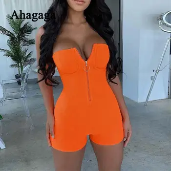 

2019 Fashion Strapless Playsuits Women Neon Orange Skinny Solid Sleeveless Bodycon Sheath Zipper Sexy Club Women Rompers Female