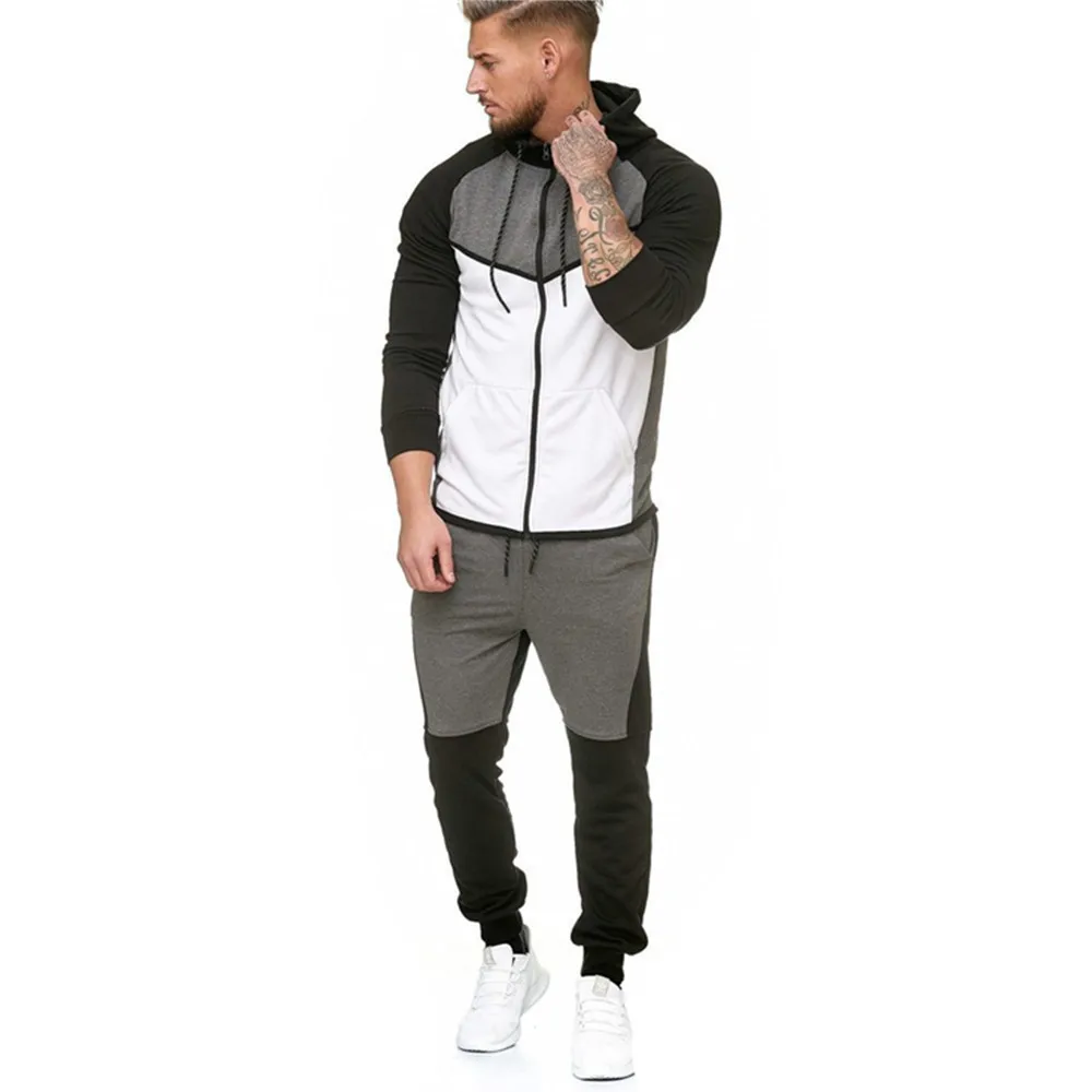 Men s Spring Patchwork Hoodies Tracksuit Set Male Zipper Hoodies Sweatshirt Sweatpants Cotton Sporting Jogger Sweat 2
