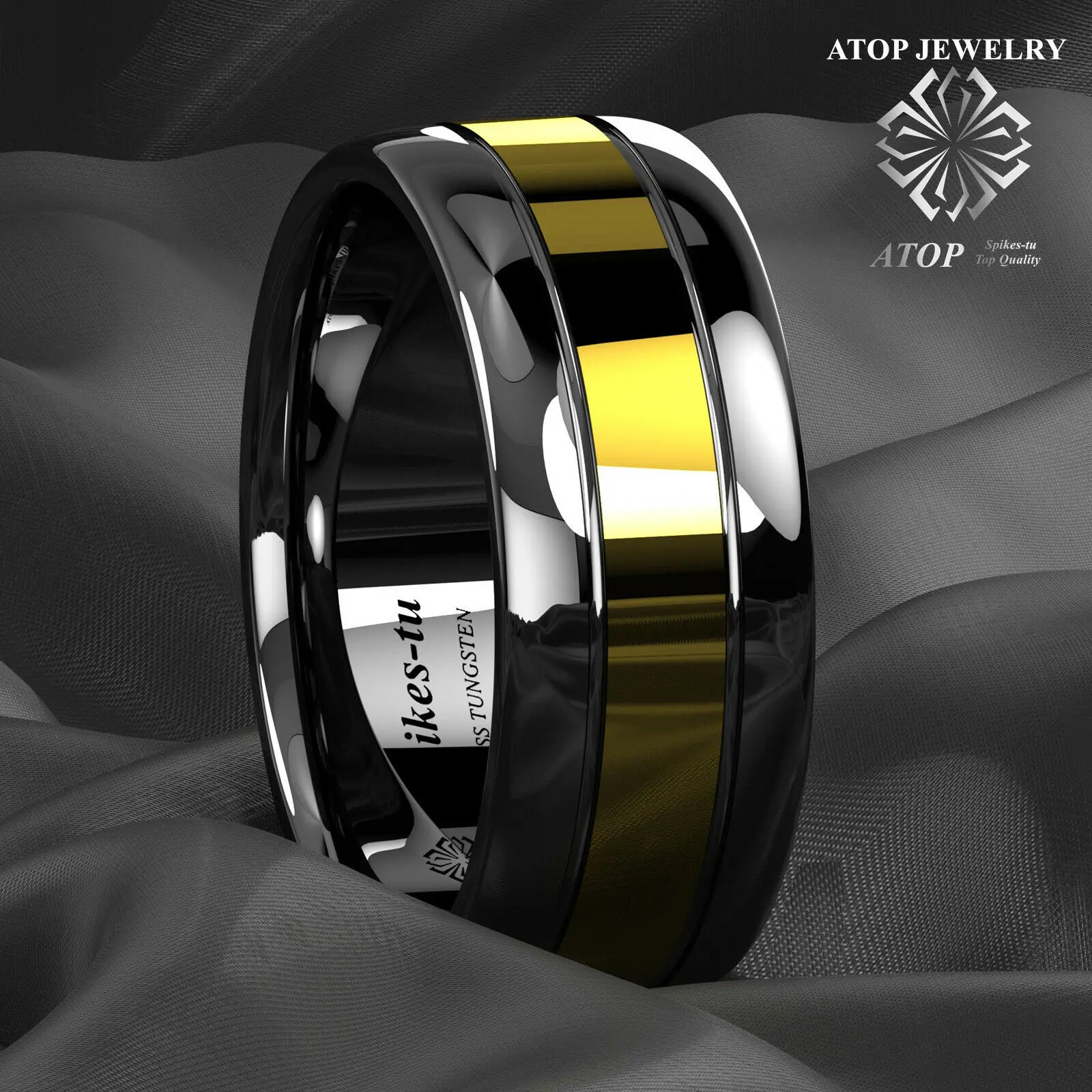 Luxury 8mm Black Men's Tungsten Carbide Ring Gold Center Wedding Band Ring Free Shipping Rings