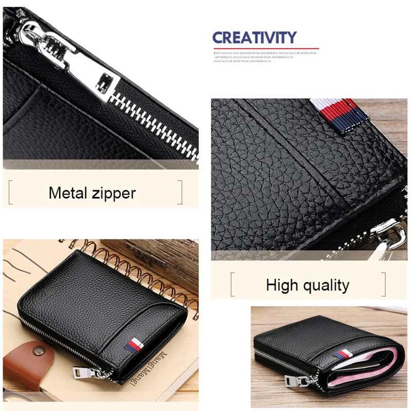 DIDE Black Genuine Leather Wallet Men RFID Credit Card Holder Male Short Coin Purse Wallets Cowhide Zipper Wallet Vintage Casual