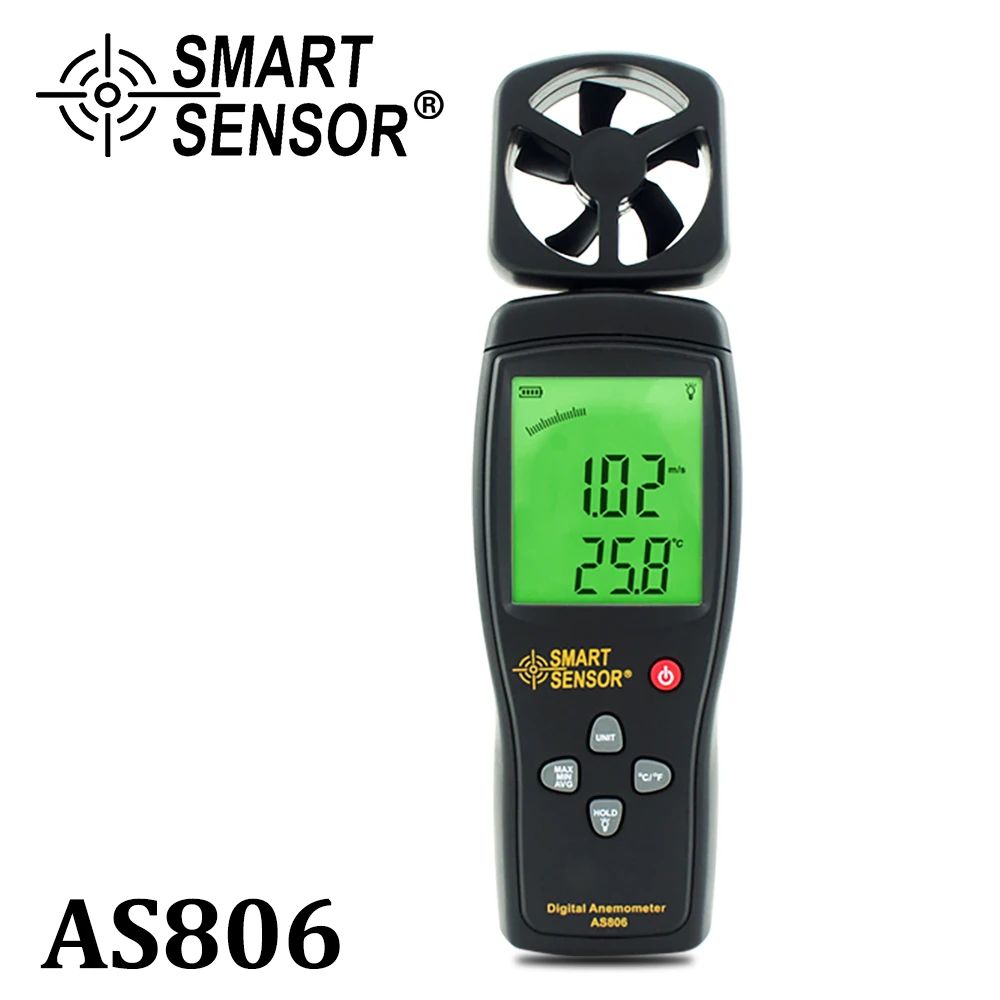 

SMART SENSOR Digital Anemometer Meter 0-45m/s Wind Speed Meter Tachometer Data Hold LCD Backlight Air Flow Measure AS806