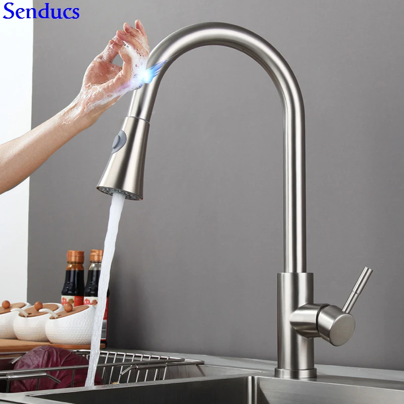 1270-H-brush2-touch Touch Kitchen Faucet Senducs Pull Down Brushed Sensor Kitchen Mixer Tap Quality 304 Stainless Steel Touch Kitchen Sink Faucets - Color: 1270-H-brush2-touch