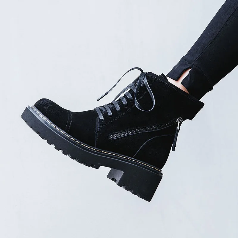 black fleece Британский стиль; Модные женские ботинки из нубука на толстой подошве со шнуровкой и круглым носком; Harajuku; винтажные мотоциклетные ботинки на платформе с боковой молнией - Цвет: black fleece