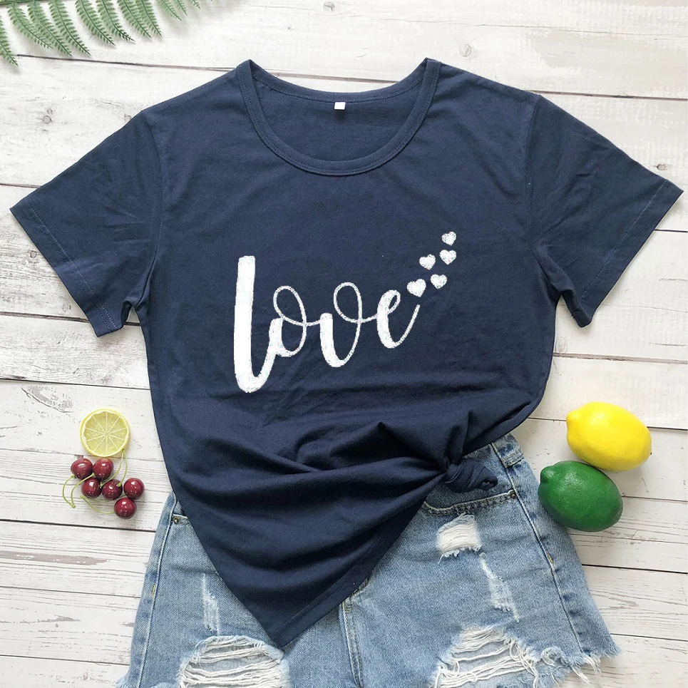 Love Hearts/футболка на День святого Валентина, рубашка на День святого Валентина, женские футболки с графическим принтом Love, модные футболки унисекс, хлопок, Винтажная Футболка - Цвет: Navy blue-whitetxt