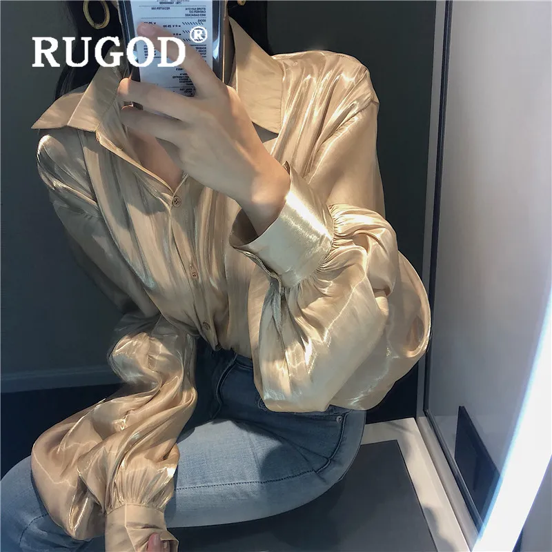 RUGOD корейский стиль Шикарный яркий цвет шампанского элегантная рубашка Дамы отложной воротник весна осень одежда женские топы
