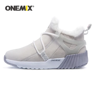 

ONEMIX Men Leather Boots 2020 Winter Warm Snow Ankle Boots Comfortable Fur High Top Men Sneakers Couple Hiking Shoes Big Size 46