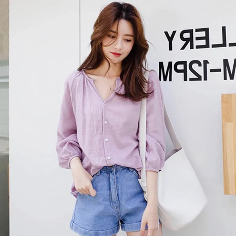 Blusas mujer de moda, корейская мода, одежда с длинным рукавом, на пуговицах, v-образный вырез, одноцветные женские топы, свободные рубашки, блузки, розовые 7309 50