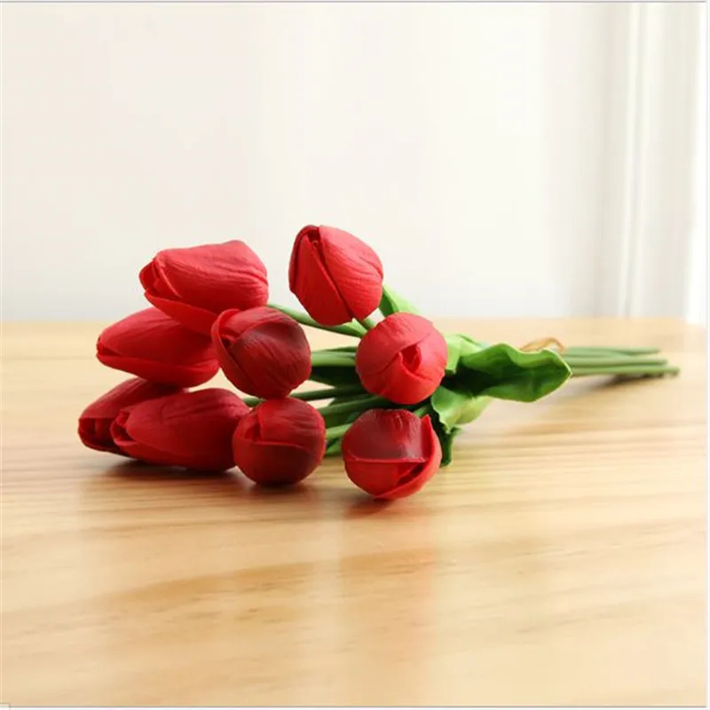 1PC Leaf Tulip Red 10 шт. ПУ мини тюльпаны, искусственные цветы, искусственные цветы для украшения свадьбы, вечерние цветы для дома - Цвет: 1PC Leaf Tulip Red