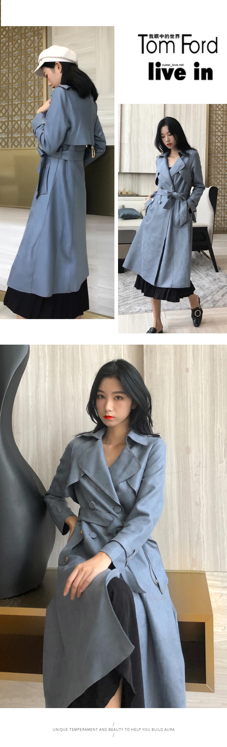 British style spring and autumn women's new high quality suede temperament slim windbreaker long paragraph over the knee Trench
