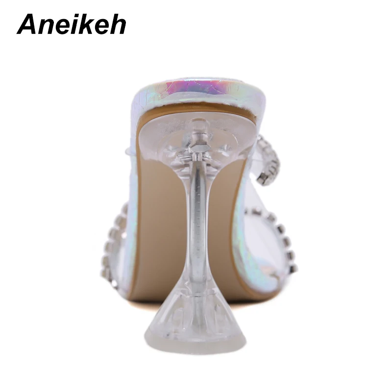 Aneikeh/розовые босоножки без задника на шпильках со змеиным принтом и стразами модная пикантная Свадебная обувь из ПВХ с открытым носком без шнуровки женские сандалии
