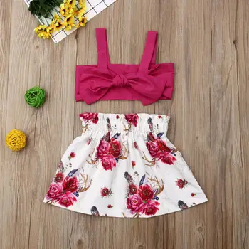 

Toddler Kids Baby Girls Summer 2Pcs Clothes Set Sleeveless Crop Tops Floral Printed Dress Outfits Sunsuit Little Girl Clothing