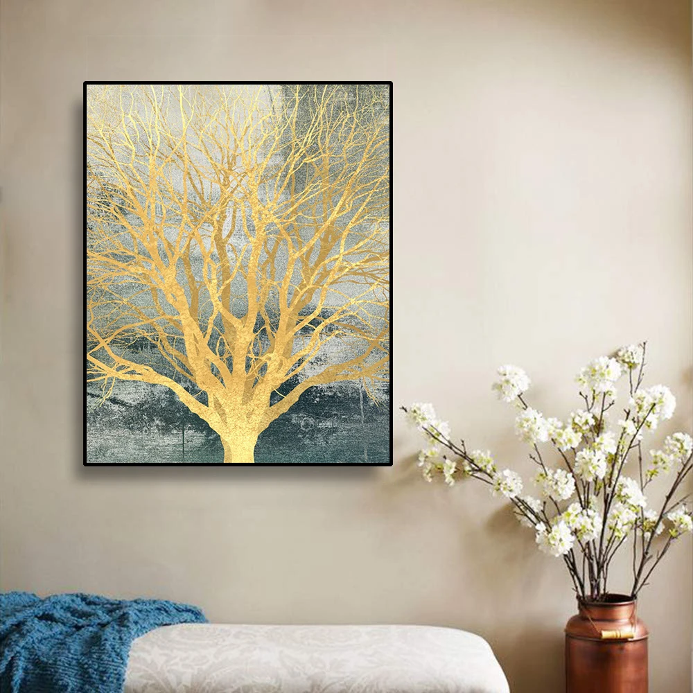 

Abstract Drop Golden Foil Tree Canvas Painting Gold Poster Print Big Size Wall Art Picture for Living Room 3pc Artistic Tableaux