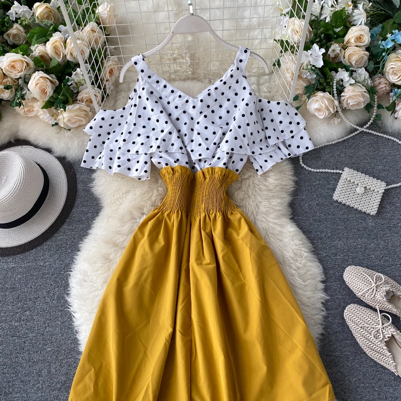 Boho Ruffles sexy Off shoulder polka dot print patchwork Summer short Dress Women slim waist dress casual a-line beach dress