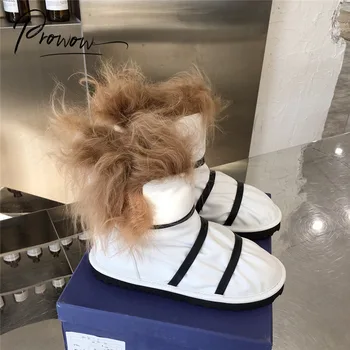 

Prowow Fashion Style Black White Genuine Leather Women Ankle Boots Round Toe Slip On Women Winter Warm Flat Boots Shoes Woman