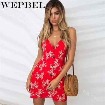 

WEPBEL Dress Spaghetti Women Dress Stretchy Camisole Strap Backless Shoulderless Long Tank Top Slip Summer Floral Mini Dress