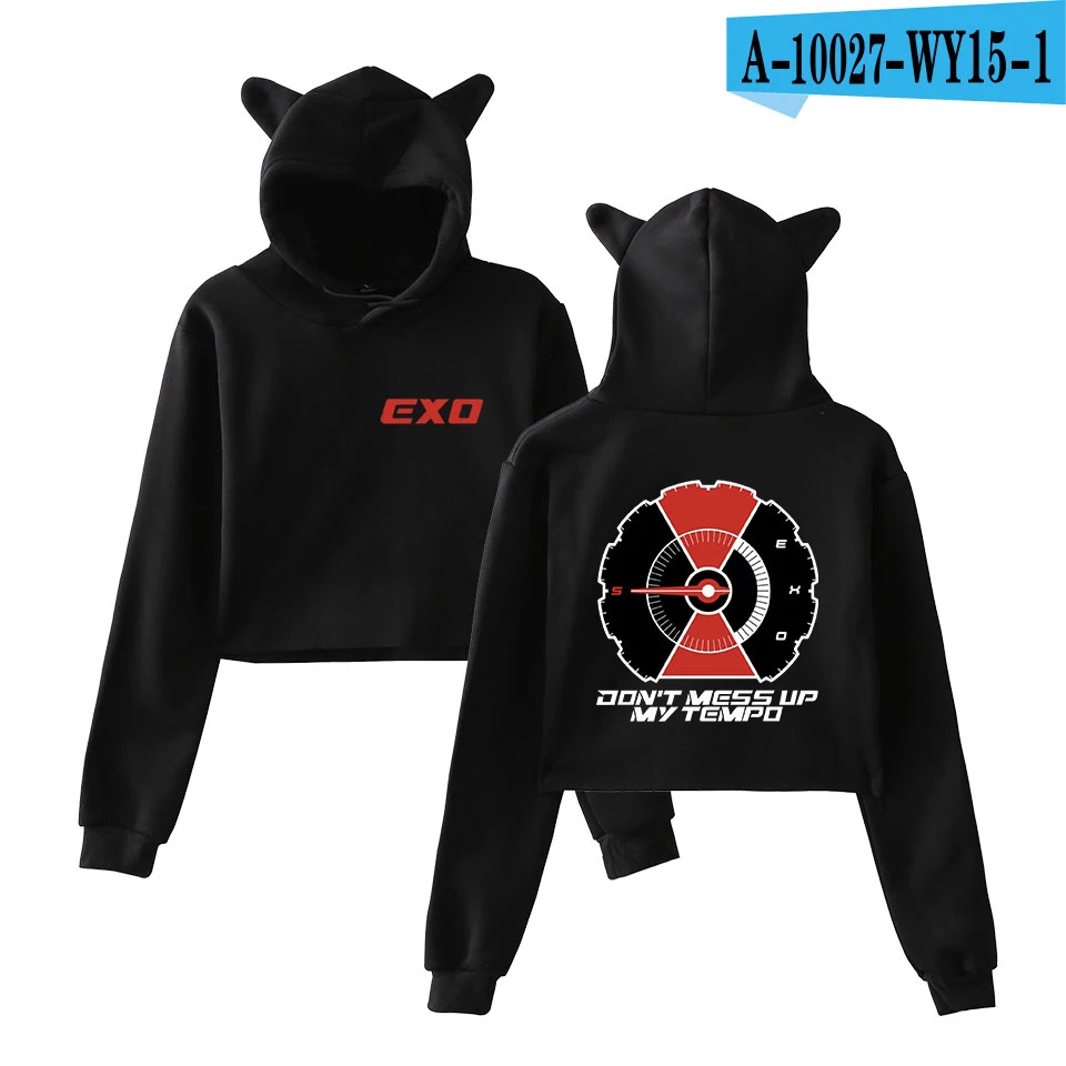 EXO с принтом, в стиле KPOP кошачьими ушками укороченный топ толстовки Для женщин с длинными рукавами Kawaii куртка с капюшоном EXO Повседневное сексуальная одежда Прямая - Цвет: black