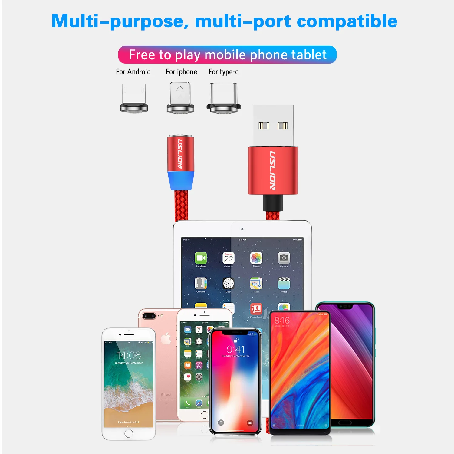 USLION 3A Fast Charging Cable Magnetic USB Cable for iPhone 11 Micro USB Cable Fast Charging Type C Magnet Data Cable for Xiaomi