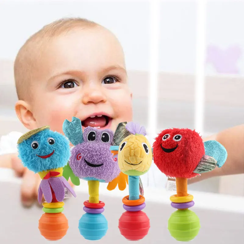 

0-12 Months Colourful Animals Ringbell Baby Toys Puzzle Baby Toy Hand Stick Infant Handing Mobiles Sounder Plush Toys